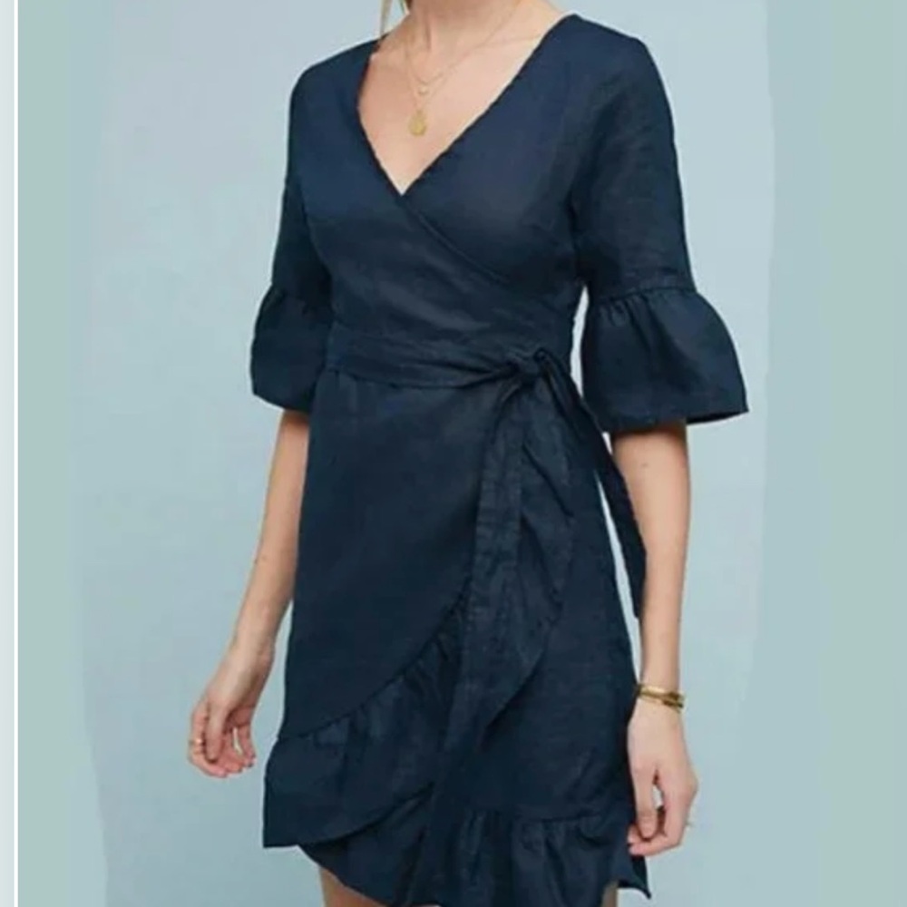 Anthropologie Talulah Black Linen Wrap Dress by 4OUR Dreamers Size Large